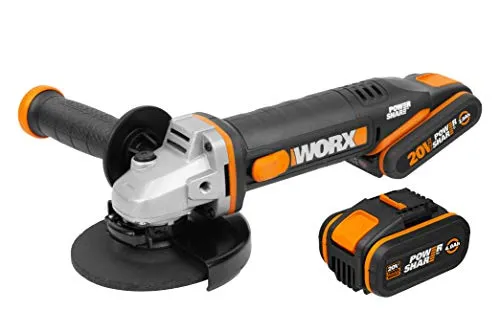 WORX WX803 Akku Winkelschleifer 20V - Schleifmaschine mit leichtem Slim-Body Design für ermüdungsfreies Arbeiten. Werkzeugloser Scheibenwechsel und vielseitiger Zusatzhandgriff für maximale Flexibilität.