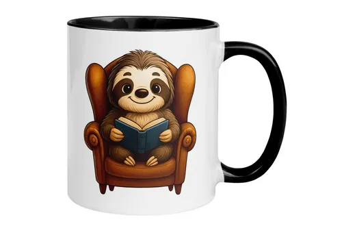 Momentals Tasse Faultier – „Sessel und Buch“ – lustiger Geschenk Becher für Leseratten, Beidseitiger Druck · Links- & Rechtshänder · Spülmaschinenfest