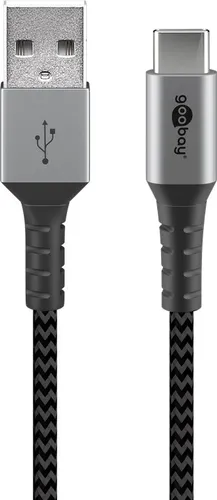 Goobay USB-C auf USB-A Textilkabel mit Metallsteckern, extra-robustes Verbindungskabel für Geräte mit USB-C Anschluss, optimierter Knickschutz