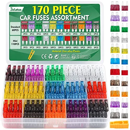 170Pcs Auto Sicherungen Set, Bolatus 60 Standard Kfz Sicherungen + 110 Mini Flachsicherungen + Sicherungszieher für PKW Wohnmobil LKW Motorrad (2A 3A 5A 7.5A 10A 15A 20A 25A 30A 35A 40A)