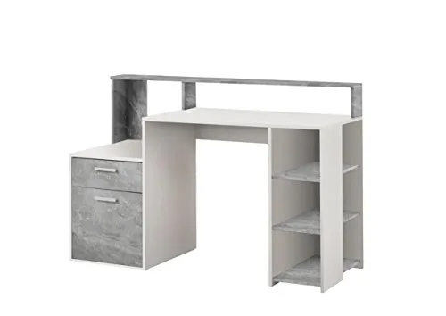 Schreibtisch Bolton in Beton-Optik - Moderner Bürotisch in Weiß mit praktischen Regalen und Schubfächern. Ideal für Home-Office und Arbeitszimmer, Made in Germany.