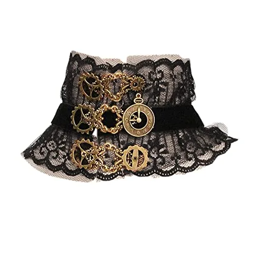 Daimay Gotisch Choker Halskette Halsband Ketten Victorian Steampunk Retro Zahnräder Zahnrad-Blumen für Halloween Ostern Lolita Spitze Geschenk – Schwarz Y390