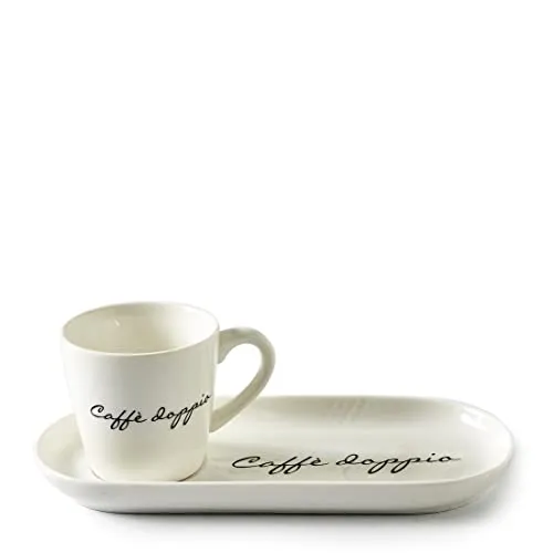 Riviera Maison Tasse und Untertasse Set, Porzellan Kaffeetasse mit Text, Kaffeebecher, Kaffeeset - 1 Stück - Caffè Doppio - Wollweiß - (LxBxH) 25.5x11x8-195ML
