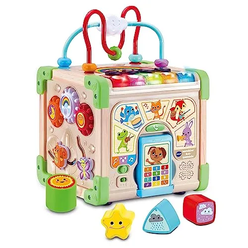 VTech Interaktiver Holz-Spielwürfel - FSC-zertifiziert, vielseitiger Lernwürfel mit Musik und Farben für Kinder 12-36 Monate