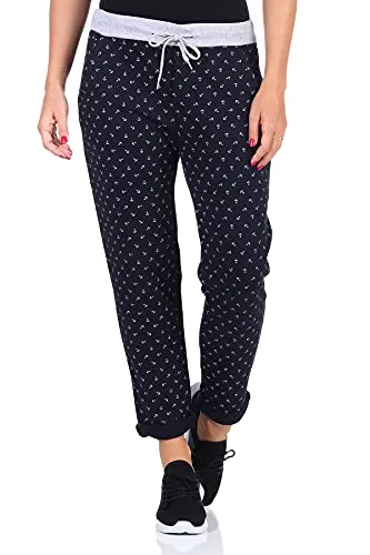 Damen Jogginhose im Boyfriend-Style Sweatpants für Freizeit Sport und Fitness mit Anker Print 1313 (Dunkelblau)