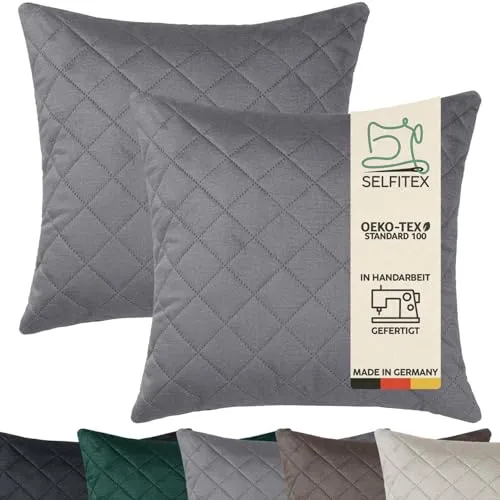 Selfitex 2er Set Sofakissen, 50x50 cm, samtiger Velours Bezug, inkl. Füllkissen, weiche Oberfläche mit Prägemuster, hohe Stoffdicke, wasserabweisend, luxuriöser Glanz, weiche Dekokissen (Grau)