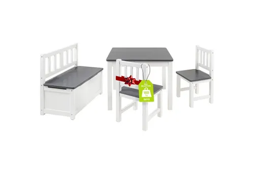 Bomi Kindersitzgruppe Anna mit integrierter Spielzeugkiste | Kinderzimmer-Set inkl. Kindertisch mit 2 Stühlen & Kindertruhenbank | Kindermöbel aus FSC nachhaltigem Kiefern Massiv Holz | Weiß Grau