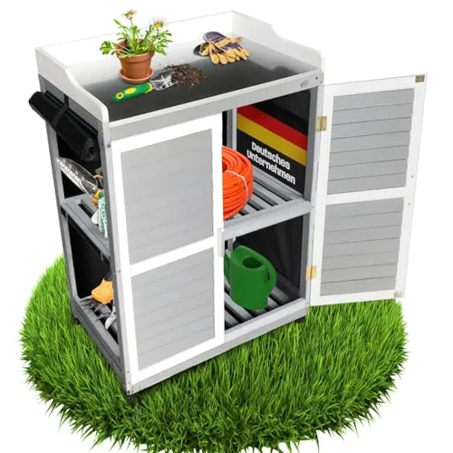Gartenschrank Lola Grau 67x46x98 cm - Flexibler Pflanztisch mit Stauraum - Möbelsets: Robuster Gartenschrank mit verzinkter Arbeitsplatte und aufrollbaren Wänden für vielseitige Nutzung im Garten, Balkon oder auf der Terrasse.
