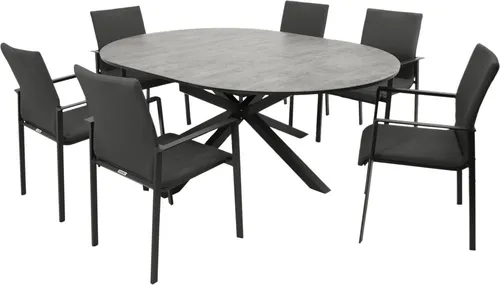 DEGAMO Gartenset LYON 7-teilig, Alu anthrazit + ECP grau - Gartenmöbel-Set LYON – Elegantes, wetterfestes 7-teiliges Set mit ausziehbarem Tisch für bis zu 6 Personen und bequemen, stapelbaren Sesseln, ideal für gesellige Abende im Freien.