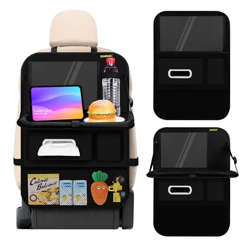Einesin Auto Rückenlehnenschutz und Organizer, Auto Organizer, Autositz Organizer mit Faltbarer Tischablage, Tablet Tasche und Viele Taschen