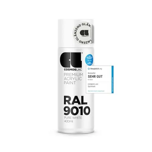 COSMOS LAC Sprühfarbe weiß, glänzend - Sprühdose in vielen RAL Farbtönen - 400ml Spraydose perfekt für DIY, Upcycling und andere Lackierarbeiten (RAL 9010 - reinweiß glänzend)