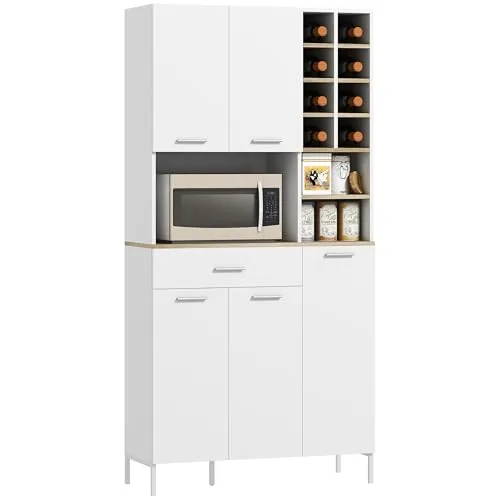HOMCOM Küchenschrank Buffetschrank mit Arbeitsplatte - Midi- & Hochschränke für Küchen, elegantes Design mit verstellbaren Regalen und einem praktischen Weinregal für stilvolle Aufbewahrung.