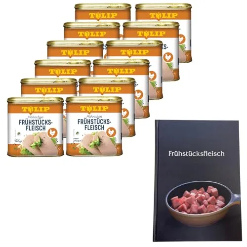 TULIP 12x Hähnchen-Frühstücksfleisch 340g + Kochbuch - Genießen Sie 12 Dosen TULIP Frühstücksfleisch aus 80% Hühnerfleisch und ein gebundenes Kochbuch mit 57 leckeren Rezepten. Ideal für schnelle und schmackhafte Gerichte, die Ihre Frühstückszeit bereichern.
