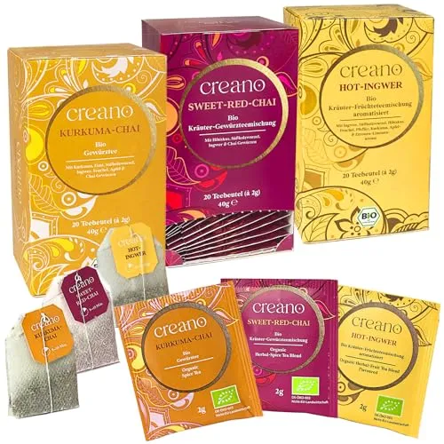 Creano Bio Kräutertee Set „Spicy“, würzig und belebend mit den Bio Tee Sorten Kurkuma-Chai, Sweet-Red-Chai und Hot-Ingwer, 3 x 20 Teebeutel*