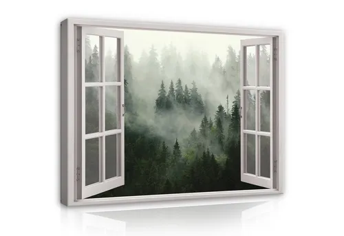 WallArena Leinwandbild Fensterblick Wald Nebel - 120x80 cm - Eindrucksvolles Leinwandbild (120x80 cm) mit Waldlandschaft, perfekt für Wohnzimmer und Schlafzimmer. Sofort aufhängbar auf stabilem Holzrahmen, sorgt für stilvolle Akzente und harmonische Raumgestaltung.