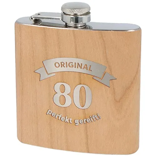 Spruchreif · Flachmann aus Edelstahl mit exklusiver Echtholz Veredelung · perfekte Geschenkidee für Männer zum Geburtstag und Jubiläum (Original 80 - perfekt gereift)