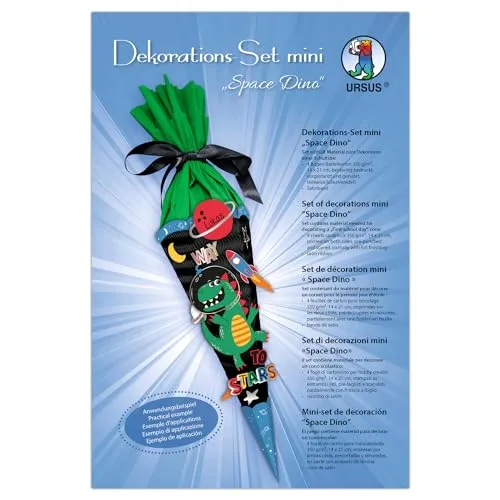 Ursus 990 00 05F - Dekorationsset mini Space Dino, 4 Bogen Bastelkarton 14 x 21 cm, zum Dekorieren einer Schultüte (Rohling nicht enthalten) beidseitig bedruckt, vorgestanzt, mit Satinband