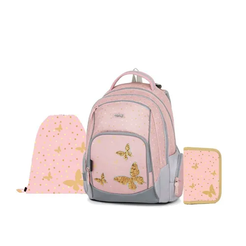Ergonomischer Rucksack Butterfly OXY GO - Schulrucksack mit Stifthalter und Turnbeutel in Pfirsichfarbe. Ergonomisch geformt, atmungsaktiv und ideal für Grundschüler. Leicht und praktisch mit einem Fassungsvermögen von 22 l.