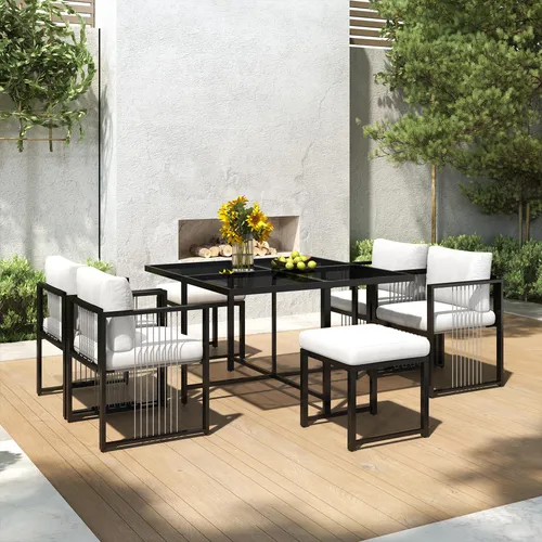 Merax 7-teiliges Gartenmöbel-Set mit Sessel und Hockern, wetterfest und elegant - Genießen Sie gesellige Stunden im Freien mit diesem stilvollen 7-teiligen Gartenmöbel-Set von Merax. Robuste und wetterfeste Materialien sorgen für Langlebigkeit, während der geräumige Tisch Platz für bis zu 6 Personen bietet.