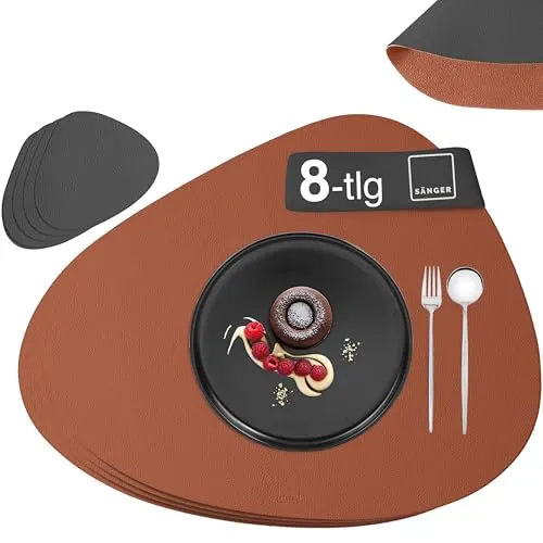 SÄNGER | Untersetzer & Platzsets abwaschbar aus Kunstleder 8 teilig, Platzdeckchen Tischuntersetzer für 4 Personen-rutschfest doppelseitig wasserdicht-Tischset Untersetzer Anthrazit Braun 44 * 37cm