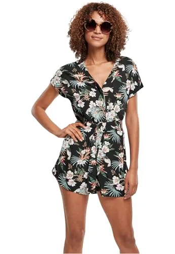 Urban Classics Damen Jumpsuit mit Gürtel, Black Tropical, S - Lässiger Damen Jumpsuit mit integriertem Gürtel für eine formschöne Silhouette. Ideal für Streetwear-Outfits und bietet hervorragenden Tragekomfort.