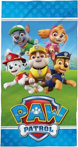 Paw Patrol Kinder Badetuch Crew – 60 x 120 cm, 100% Baumwolle in Velours-Qualität – Chase, Marshall, Everest, Skye, Ryder, Rocky, Zuma – Ideal als Strandtuch, Handtuch, Duschtuch oder Badelaken