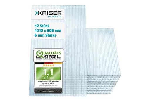 KAISER plastic® Gewächshausplatten 12 Stk. – 6mm Doppelstegplatten aus Polycarbonat - Stegplatten für Gewächshäuser, robust und langlebig mit optimaler Isolierung für ideales Pflanzenwachstum und maximaler Lichtdurchlässigkeit.
