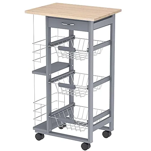 HOMCOM Küchenwagen auf Rädern, Rollwagen mit 2 Regalen, Servierwagen, Bastelwagen mit Arbeitsplatte und Gewürzregal, Rollregal für Küche, Esszimmer, Kiefernholz, Grau, 47 x 37 x 83 cm