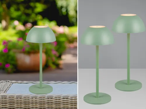 2er SET Akku LED Outdoor Touch Tischlampen - kabellos in Grün - Gartenleuchten im praktischen 2er SET mit trendigem Design. Diese 30cm großen, kabellosen Lampen bieten blendfreies Licht in drei Helligkeitsstufen und sind spritzwassergeschützt - ideal für den Außenbereich!