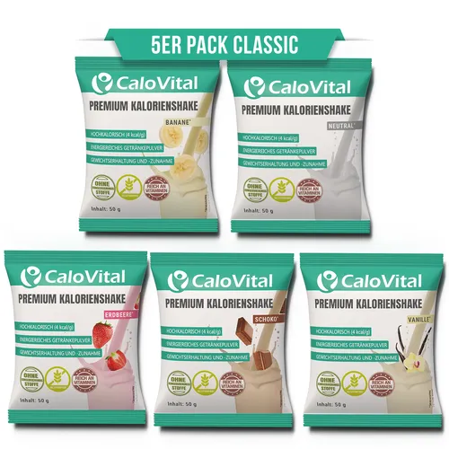 CaloVital Probierpaket Trinkmahlzeit für Gewichtszunahme | 5er Pack hochkalorisches Pulver - 5er Pack mit leckeren Geschmäckern: Erdbeere, Schoko, Vanille, Banane, Neutral. Ideal für eine gezielte Gewichtszunahme und als nahrhafte Zwischenmahlzeit. Unterstützt die Nährstoffversorgung und ist einfach zuzubereiten.