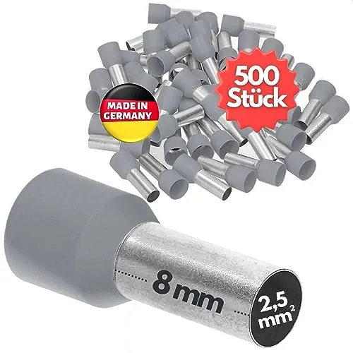 Stück Kalitec AE2508GR Aderendhülsen isoliert 2,5mm² 8mm lang grau I Made in Germany I Industriequalität 500