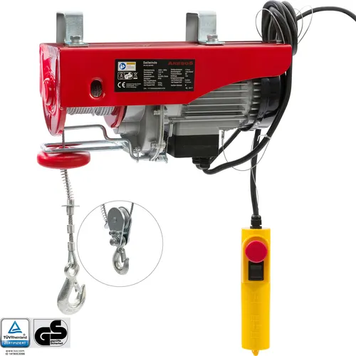 Arebos Seilwinde AR-HE-SW400, 800kg Traglast - Elektrische Hebezeuge mit 1300 W Leistung, ideal zum sicheren Heben von Lasten bis 800 kg auf bis zu 12 m Höhe, ausgestattet mit robustem Stahlseil und Notausschalter.