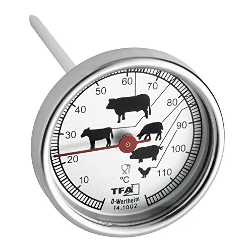 MAURER TFA Dostmann Analoges Bratenthermometer, 14.1002.60.90 - Bratenthermometer aus Edelstahl für präzise Kerntemperaturmessung, ideal für Fleischliebhaber und Grillfreunde. Hitzebeständig und leicht zu reinigen.