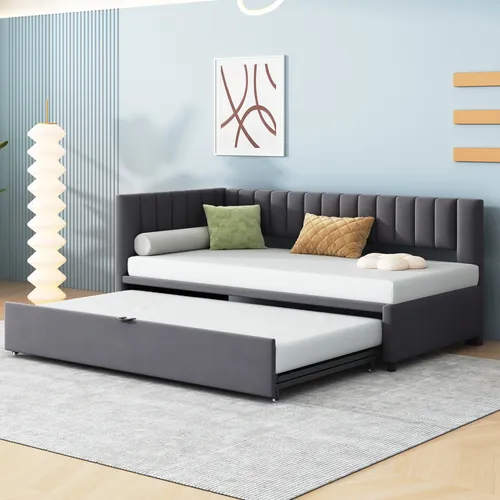 MODFU L-förmiges Schlafsofa Tagesbett mit Ausziehbett 90/180*200cm, Multifunktionales Polsterbett Daybett, Kinderbett Jugendbett, Dunkelgrau(Ohne Matratze)