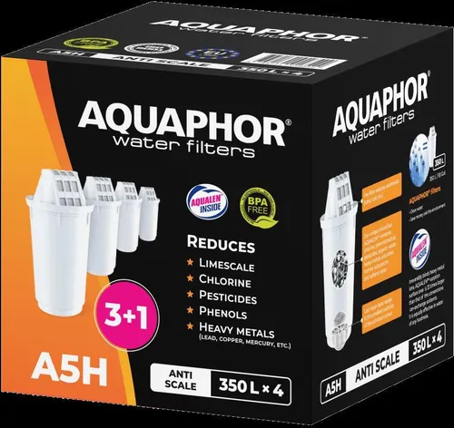 AQUAPHOR A5H Aqualen Wasserfilter-Kartusche Pack 3 +1 - Wasserfilter für hartes, kalkhaltiges Leitungswasser, kompatibel mit mehreren AQUAPHOR Modellen. Mit patentierter AQUALEN Technologie für bis zu 350 Liter frisches Trinkwasser.