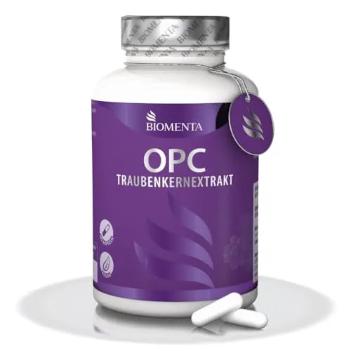 BIOMENTA OPC Traubenkernextrakt - 185 hochdosierte Kapseln - Hochdosiertes Traubenkernextrakt mit 75% OPC-Gehalt aus europäischen Weintrauben. Vegan und ohne unerwünschte Zusatzstoffe, ideal für die tägliche Einnahme.