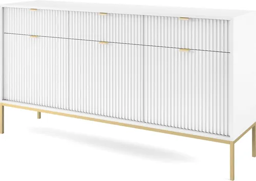 Kommode: 3 Schubladen, 3 Türen, Weiß, Gold, 154 x 83 x 39 cm, goldene Griffe