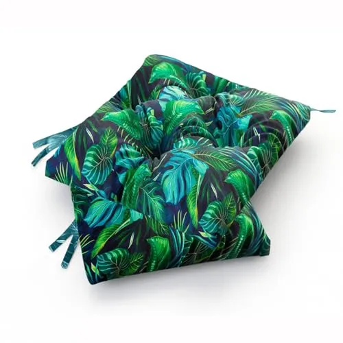 Wasserdichtes Stuhlkissen 45x45 cm – 4er Set mit blauen Blättern - Polster für Stühle & Sessel – Wetterfest und pflegeleicht mit 6 cm dicker Polsterung für optimalen Sitzkomfort im Freien.