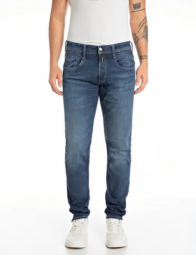 REPLAY Herren Jeans Anbass Bio, Dark Blue 007-7, Slim Fit - Moderne Slim Fit Jeans aus 100% Bio-Baumwolle mit 5 Taschen und klassischem Reißverschluss. Der Stretch-Anteil sorgt für optimalen Komfort im Alltag. Perfekt kombinierbar für lässige Looks.