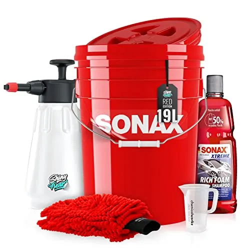 Auto Wascheimer Set 5GAL: Deckel & Foamer für die Auto Handwäsche + Sonax Rich Foam Shampoo + chemicalworkz Waschhandschuh