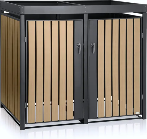 Zelsius Mülltonnenbox für 2 Tonnen mit Pflanzdach - Moderne Mülltonnenverkleidung für 2 x 120-240 l Tonnen, aus robustem verzinktem Stahl, mit begrüntem Dach für ein schöneres Zuhause und einfache Erweiterungsmöglichkeiten.
