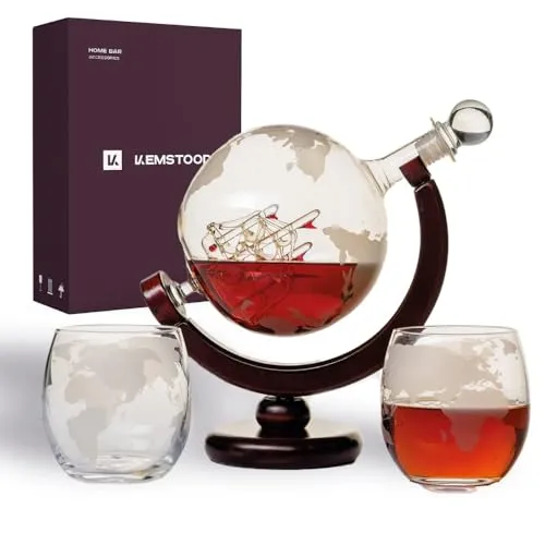 Kemstood Whiskey-Dekanter-Set mit Weltkugel-Design und 2 Gläsern - Stylisches 6-in-1 Whisky-Dekanter-Set mit handgefertigtem Globus und Holzständer, ideal für besondere Anlässe oder als Geschenk für Männer. Aus bleifreiem Glas, perfekt für verschiedene Getränke.