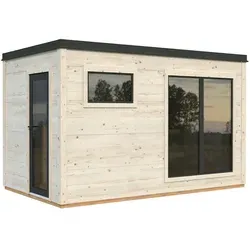 Palmako Sauna Grace 390 x 230 cm - Moderne Gartensauna - Saunahäuser mit 8,2 m² Fläche, modernen Rauchglasfenstern und separater Umkleide für ultimativen Komfort im Garten.