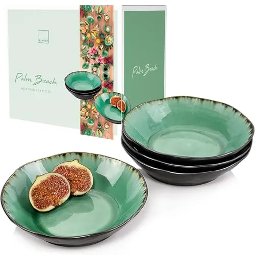 Sänger Suppenteller Palm Beach, 4-teiliges Set aus Steingut - Suppenteller Set mit einzigartigem Design und natürlichem Vintagelook. Jedes Stück ist ein Unikat, spülmaschinen- und mikrowellengeeignet. Füllmenge 750 ml, perfekt erweiterbar!