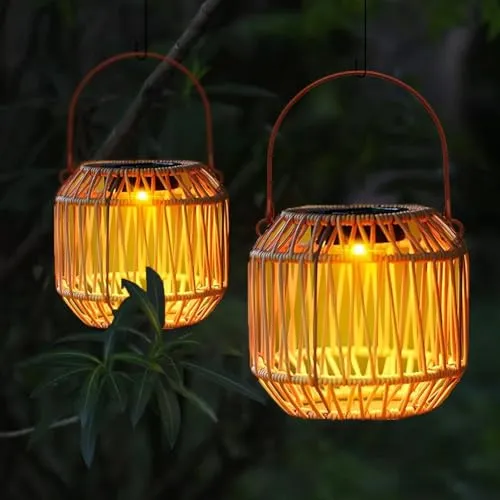 Solarlampen für Außen Hängend - Solar Laternen Rattan 2 Stück, Solar Lampions Außen Wetterfest, Solarleuchten für Garten Balkon Terrasse Deko