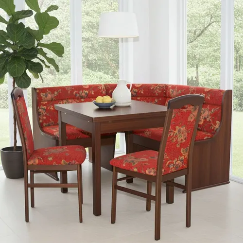 Eckbankgruppe 4-teilig in Nussbaum-NB/Rot Sitzgruppe Esszimmer-Set Speise-Set