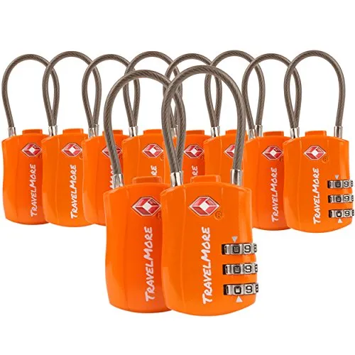 TSA-Kofferschlösser | Gepäckschlöss mit flexiblem Kabel | TSA-Schlöss für Flugreisen | Schlösser für Koffer, Rucksäcke, Gepäck | 10er-Pack, Orange
