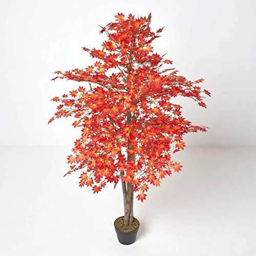 HOMESCAPES Herbstlicher Kunstbaum Ahorn 160 cm - Seiden- & Kunstblumen, mittelgroßer Ahornbaum in Rot/Orange, ideal für herbstliche Dekoration und pflegeleicht.
