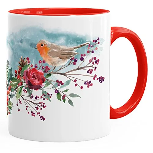 Autiga Kaffee-Tasse Vogel Rotkehlchen Blumen Misteln Watercolor Bird Weihnachten Christmas rot unisize
