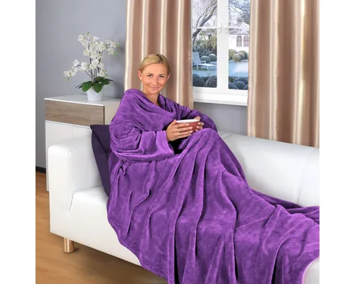 Wohndecke flauschige, tragbare Kuscheldecke mit Ärmeln und Fußtasche 180x150 cm, Gräfenstayn, warme Ärmeldecke - TV Decke zum Anziehen - 180x150cm lila